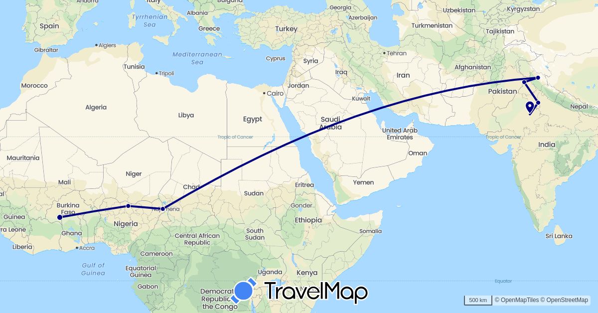 TravelMap itinerary: driving in Burkina Faso, India, Nigeria (Africa, Asia)